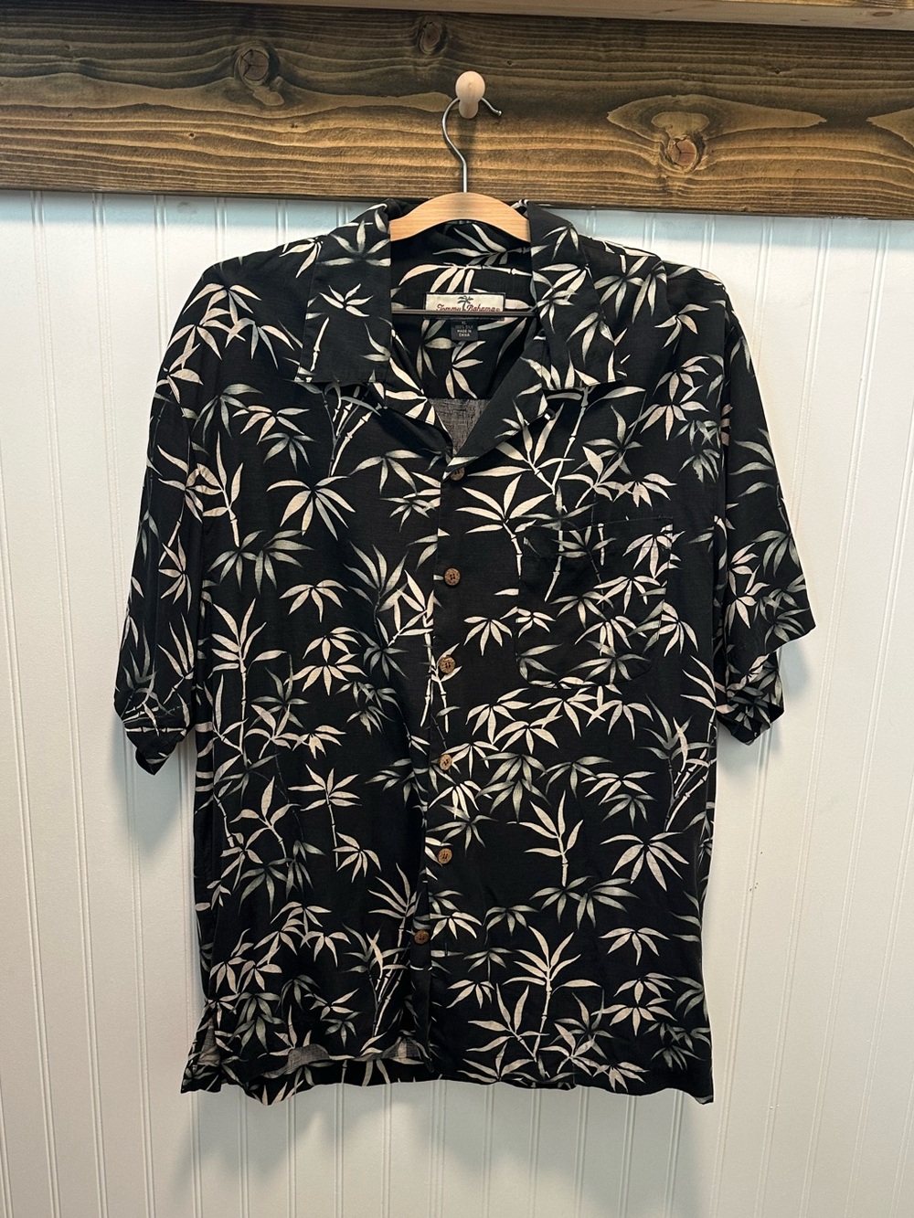 Tommy Bahama Black 100% Silk Shirt with Cream Bamboo Print Sz XL
